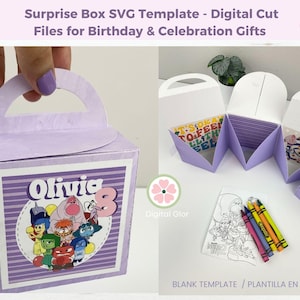 Puede incluir: Una caja sorpresa de papel morado con asa, que muestra el nombre Olivia, el número 8 y personajes de dibujos animados. La caja se muestra montada y como plantilla blanca con ceras y una lámina para colorear, con el texto Digital Glor.