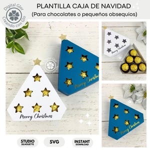Peut inclure: Un modèle de boîte en forme de sapin de Noël téléchargeable numériquement. Le modèle est présenté en deux couleurs différentes, blanc et bleu, avec des étoiles dorées. Le texte "Merry Christmas" est imprimé sur la boîte.