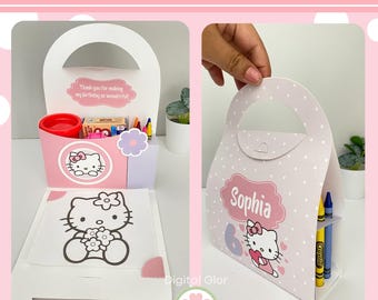 May include: Pink and white Hello Kitty themed party favor boxes. One box is open, revealing crayons and a small container. The other box is closed, with the name "Sophia" and the number "6" printed on it. The text "Thank you for making my birthday so wonderful!" is also visible.