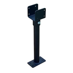 May include: Black metal post support with a U-shaped top and a flat base. The post support has multiple holes for attaching to a post.