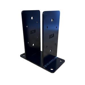 May include: Black metal post support bracket with multiple holes and the text "USA" and "AZU" on the sides.