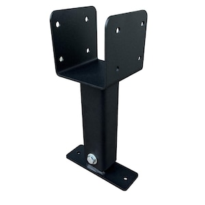 May include: Black metal post support bracket with a U-shaped top and a flat base. The bracket has multiple holes for attaching to a post.