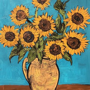May include: A painting of sunflowers in a yellow vase against a blue background. The sunflowers have yellow petals and brown centers. The vase is a light yellow color and has a handle. The background is a solid blue color.