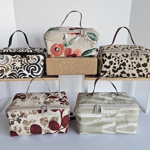 May include: Five fabric cosmetic bags with top handles and double zippers. The bags feature various patterns, including floral, animal print, and geometric designs. They are displayed on small, white metal shelves.
