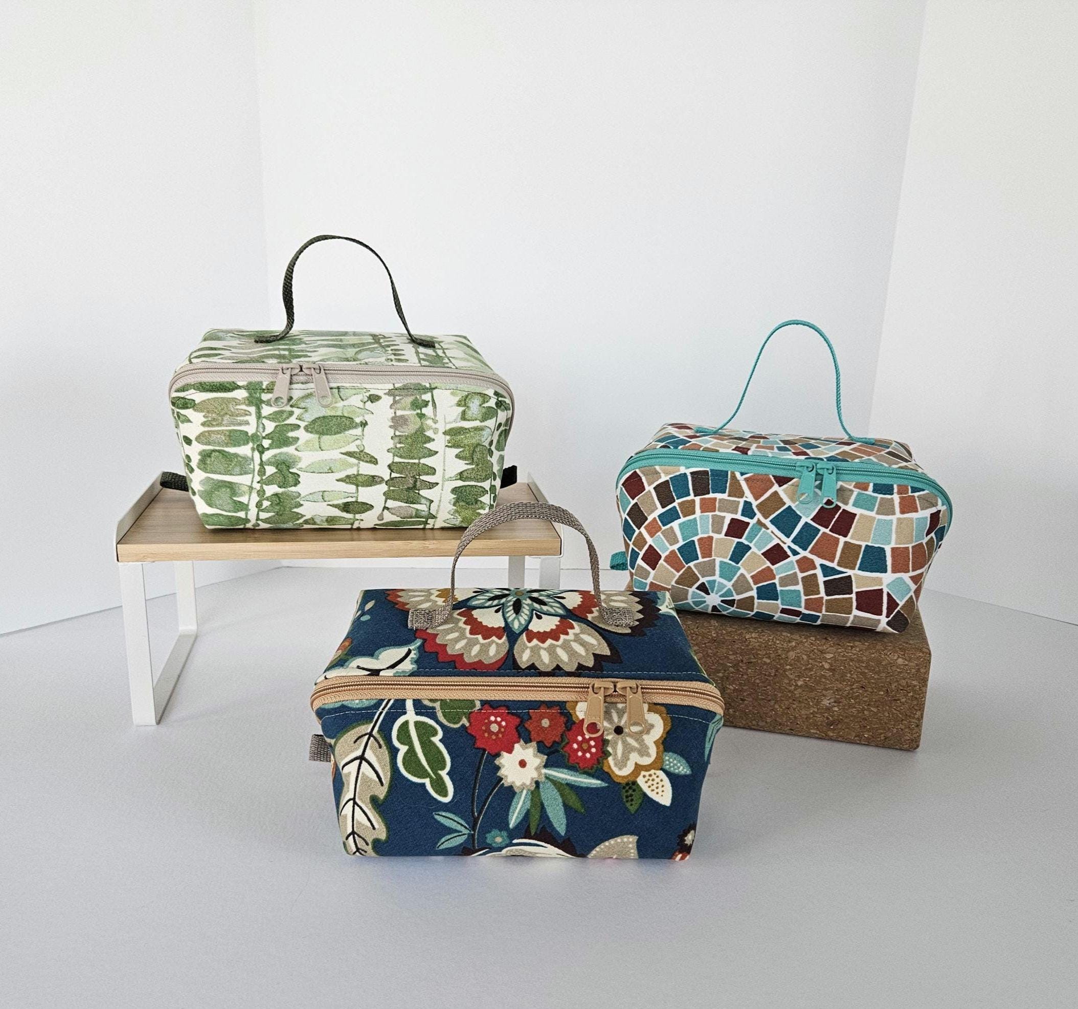 OPEN Wide MAGIC POUCH in Green or Teal Prints made in Outdoor Fabrics inside and out. Zips up to form a box, opens wide to form a tray.