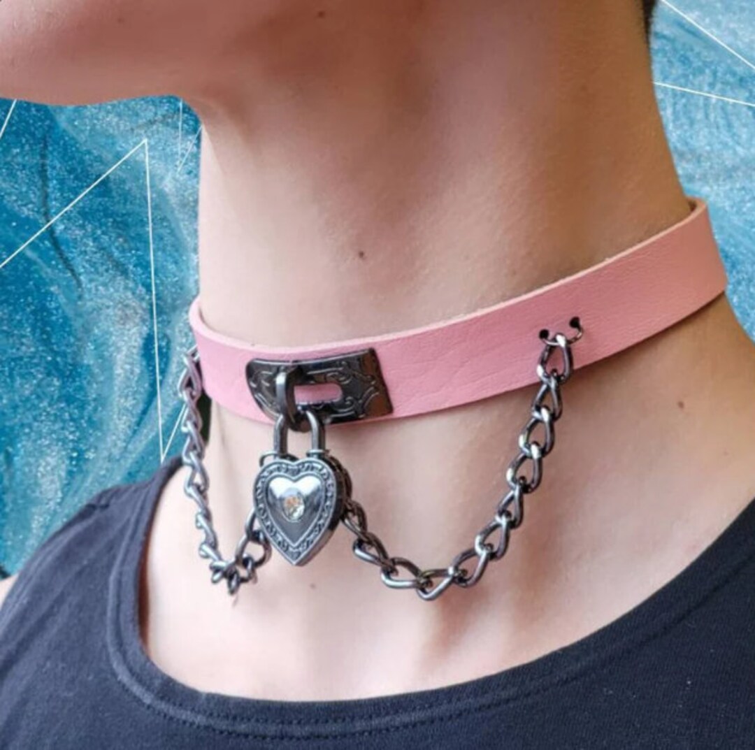 Neko Vibes Choker Heart Locket Chains PU Leather Anime Kawaii Pastel ...