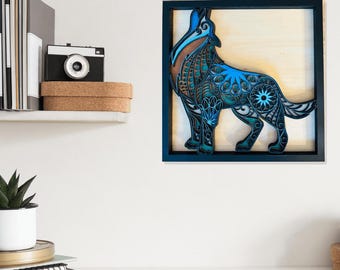 Hand-Painted Wolf Wood Art, Multi-Layer Mandala, 3D Wall Decor