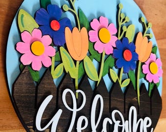 Hand-Painted Floral Welcome Door Sign, Laser Engraved Rustic Decor