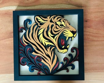 Hand-Painted 3D Tiger Wood Art – Layered Laser Cut Wall Decor
