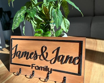 Personalized Family Name Wooden Key Holder, Wall Mounted Entryway Organizer