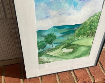 Golf course landscape watercolor original mountain painting