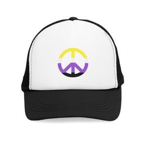 Nonbinary Pride Peace Symbol Trucker Hat, LGBTQ Parade Party Snapback Cap, Enby Pride Gift, Genderqueer Mesh Cap, They Them Queer Visibility