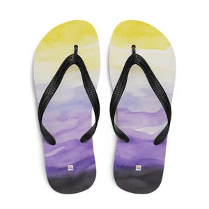 Nonbinary Pride Flag Flip-Flops, Watercolor LGBTQ+ Sandals, Unisex Comfortable Beach Slides, Summer Festival Shoes, Genderqueer Gift Idea