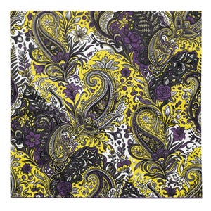 May include: A fabric pattern featuring a dense paisley design in shades of bright yellow, deep purple, black, and white. The intricate print includes swirling teardrop shapes, detailed floral motifs, roses, and lilies intertwined with foliage.