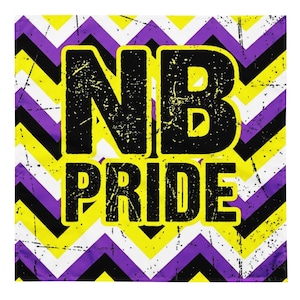 May include: Square bandana with a non-binary pride design. The bandana features a yellow, white, and purple chevron pattern. The words "NB PRIDE" are in large, distressed black letters on a yellow background.