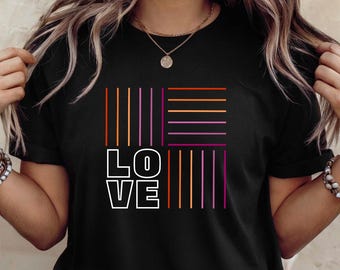 LOVE Lesbian Pride T-Shirt, LGBTQ Queer Women Tee with Lesbian Flag Stripes, Bold Feminine Sapphic Apparel for Pride Parade Party Fun Month