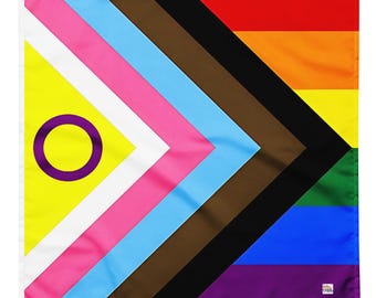 Progress Pride Flag Bandana All Over Print, LGBTQIA+ Parade Headwrap Scarf, Inclusive Rainbow Pride Accessory, Queer Festival Outfit Gear