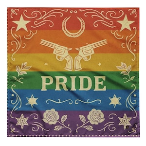 May include: A square, rainbow-colored bandana with the word "PRIDE" in the center. The design includes two revolvers, stars, roses, and decorative flourishes. The color scheme includes red, orange, yellow, green, blue, and purple.