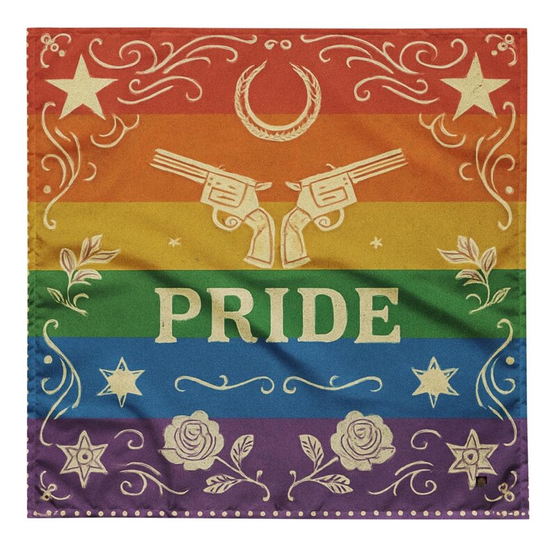 May include: A square, rainbow-colored bandana with the word "PRIDE" in the center. The design includes two revolvers, stars, roses, and decorative flourishes. The color scheme includes red, orange, yellow, green, blue, and purple.