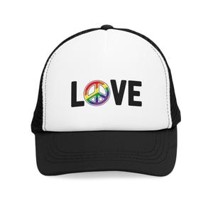 LOVE Rainbow Peace Symbol Trucker Hat, LGBTQ Snapback Pride Cap, Queer Parade Party, Colorful Equality Rights Gift, Gay Ally Festival Hat