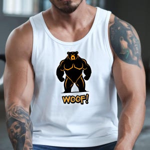 Gay Bear WOOF Tank Top, Muscle Hairy Bear, Gay Pride Parade 2025 Tee, LGBTQ Masc Daddy, Queer Bodybuilder, Fun Apparel for Him, Gym Training