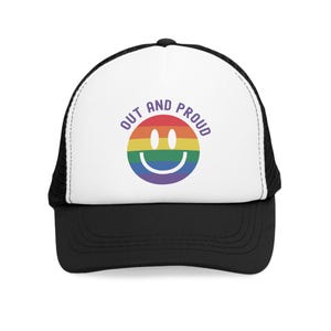 Loud and Proud Rainbow Smiley Trucker Hat, LGBTQ Snapback Mesh Cap, Queer Pride Parade Party, Colorful Gay Gift, Love Is Love, Lesbian Trans