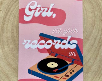 Girl Put Your Records On Postcard Print | Corinne Bailey Rae Inspired Design | Bookish / Bookworm Gift | Handmade Digital Art