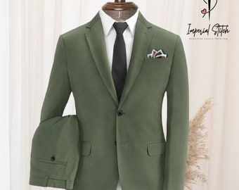 Olive Green Cotton Suit Men Custom Suit Premium Three Piece Men's Suit For Wedding, Engagement, Anniversary, Prom, Groom Wear And Grooms Men