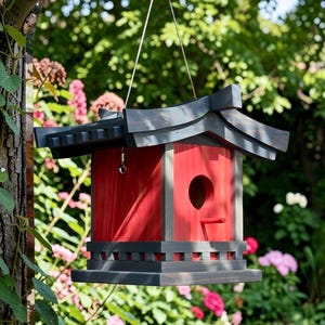 May include: A wooden birdhouse featuring a bright red body and a dark charcoal gray roof and base. The structure has a curved, multi-tiered roof design, a circular entrance hole on the front panel, and a small red perch extending outward.