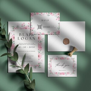 Watercolor Wedding Bundle Theme, Wildfloral Editable Template Set, Boho Invitation Details, Floral Thank You Card, Online Rsvp QR Code