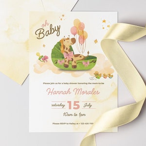 Giraffe Watercolor Baby Shower Invitation, Editable Ballon Girls Baby Shower Digital Invite, Safari Animal Pastel Colors Printable Invitate