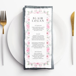 Watercolor Floral Wedding Menu, Modern Editable Carte, Colorful Wildfloral Template Set, Printable Card, Easy to Edit, Boho Event Menu Theme