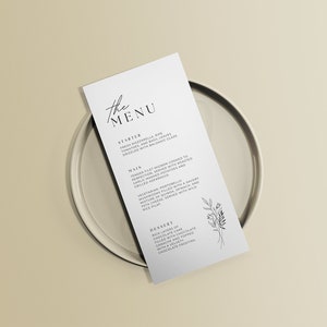 Minimalist Hand Drawn Floral Wedding Day Menu, Printable Modern Template Set, Editable Carte Sign, Customizable Event Theme, Simple Card