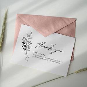 Minimalist Hand Drawn Floral Wedding Thank You Card, Modern Printable Template Set, Editable Place Setting Thank You, Customizable Sign