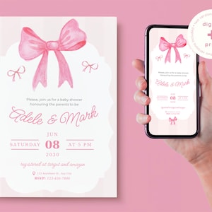 Pink Bow Baby Shower, Coquette Watercolor Girls Baby Shower Digital Invite, Pink Ribbon Editable Invitate, Pink Blush Printable Invitation