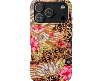 Cheetah & Hibiscus Flower iPhone 17 Pro Case, Animal Print Phone Case, Y2K Cheetah Print