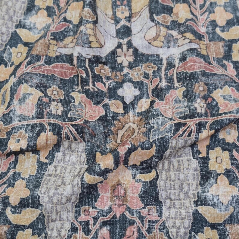 Cotton Drapery Fabric Muted Charcoal Warm Blush Pink Chesnut Gold Dark Academia Bird Pattern Fabric Botanical Print Floral Decor Textile image 3