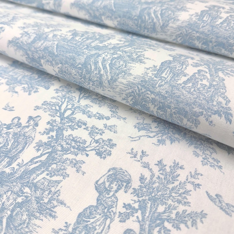 Powder Blue Toile Fabric Mini Checkered Pastel Blue Stripe French Country Matching Fabric Retro Baby Shower Decor Shabby Chic Sewing Gift Toile