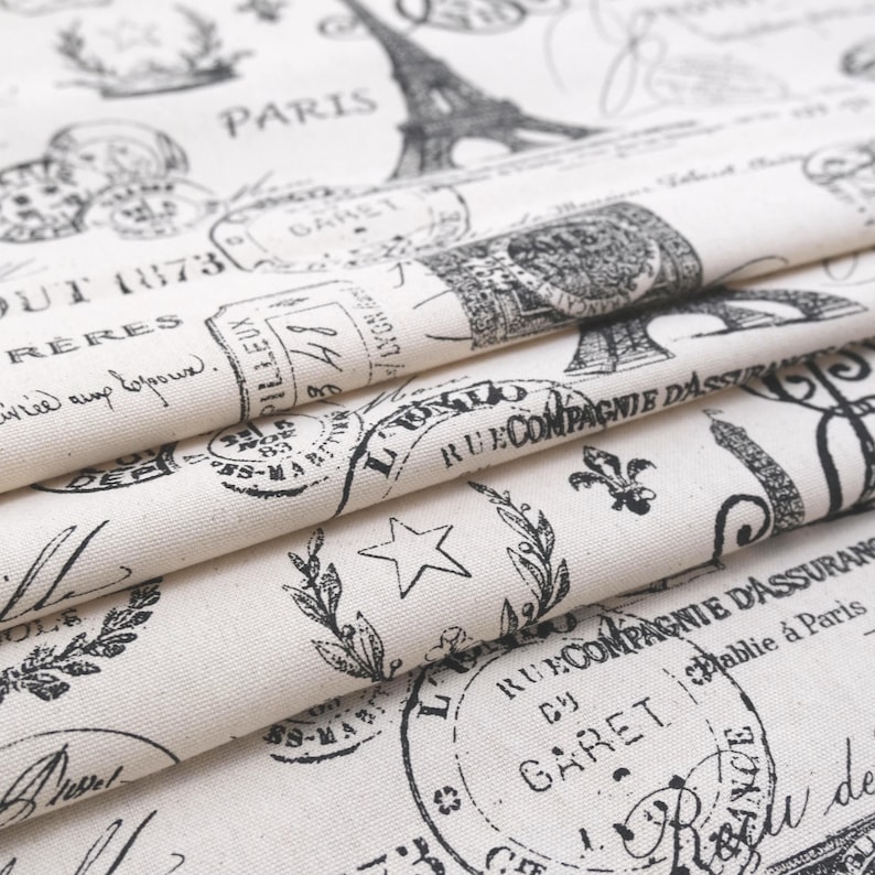 Vintage Travel Fabric by Yard French Postmark Stamp Print Neutral Onyx Cotton Textile for Pillow Cover Curtain Panel Wall Decor Paris Theme image 2