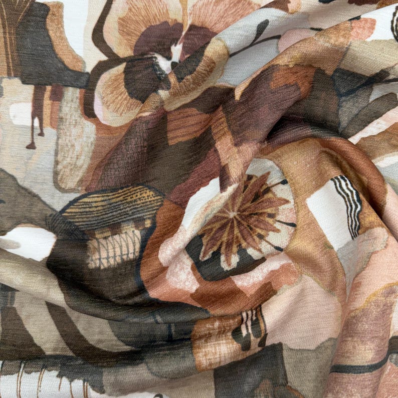 Terracotta Upholstery Fabric Designer Mid Century Modern Textile Abstract Floral Home Decor Accent Chenille MCM Geometric Architecture Style image 3