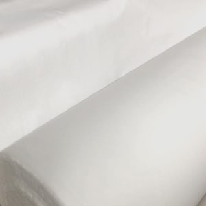 May include: A roll of white fabric, tightly wound, with a smooth, slightly reflective surface. The fabric appears to be a solid, bright white, and is likely a textile material used for clothing or home decor.