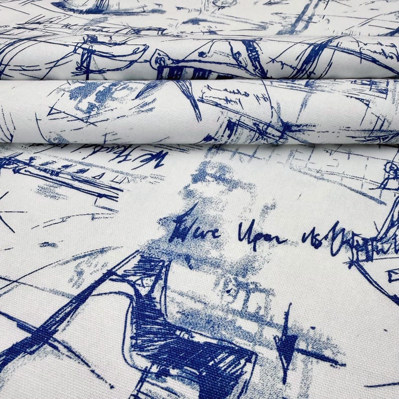 Nautical Fabric by Yard Blue and White Boat Map Fabric Coastal Upholstery Fabric Vintage Marine Compass Fabric for Pillows Drapes Decor image 7