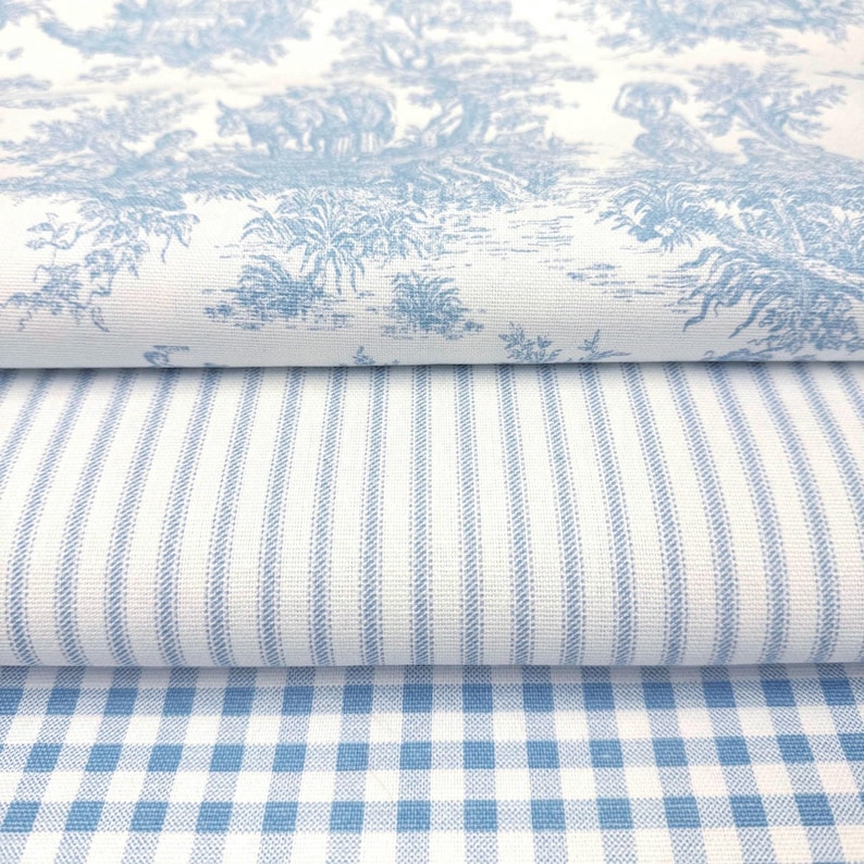 Powder Blue Toile Fabric Mini Checkered Pastel Blue Stripe French Country Matching Fabric Retro Baby Shower Decor Shabby Chic Sewing Gift bild 7