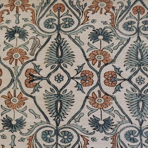 Bulk Yardage Floral Vine Bird Drapery Fabric Coral Aquamarine Blue Upholstery Textile French Block Print Curtain Material Whimsical Design image 3