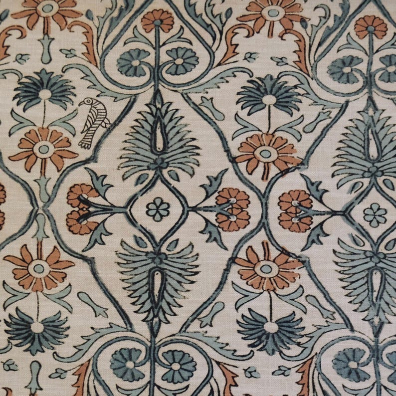 Bulk Yardage Floral Vine Bird Drapery Fabric Coral Aquamarine Blue Upholstery Textile French Block Print Curtain Material Whimsical Design image 3