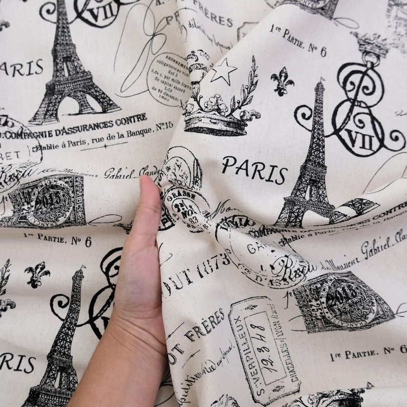 Vintage Travel Fabric by Yard French Postmark Stamp Print Neutral Onyx Cotton Textile for Pillow Cover Curtain Panel Wall Decor Paris Theme image 3