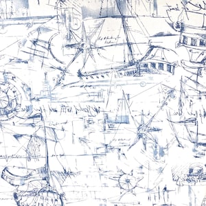 Nautical Fabric by Yard Blue and White Boat Map Fabric Coastal Upholstery Fabric Vintage Marine Compass Fabric for Pillows Drapes Decor