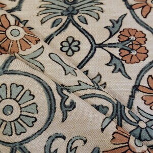 Bulk Yardage Floral Vine Bird Drapery Fabric Coral Aquamarine Blue Upholstery Textile French Block Print Curtain Material Whimsical Design image 2