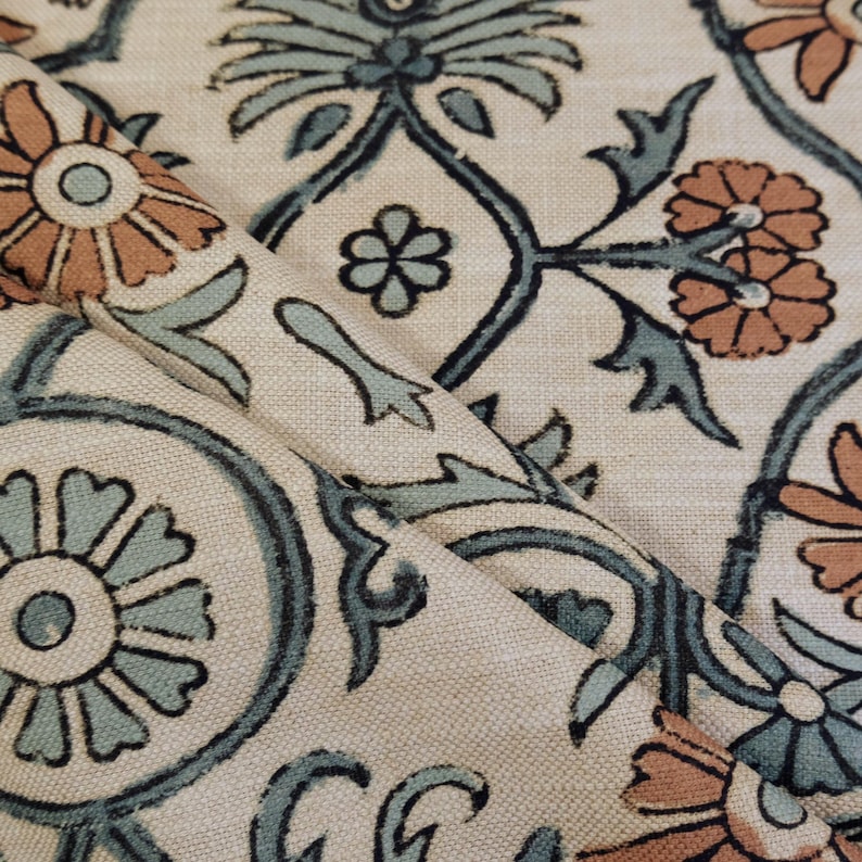 Bulk Yardage Floral Vine Bird Drapery Fabric Coral Aquamarine Blue Upholstery Textile French Block Print Curtain Material Whimsical Design image 2