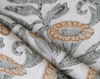 Botanical Block Print Floral Fabric by the Yard Muted Green Linen Fabric Vintage Style Curtain Sewing Boho Pillow Decor Tablecloth Material